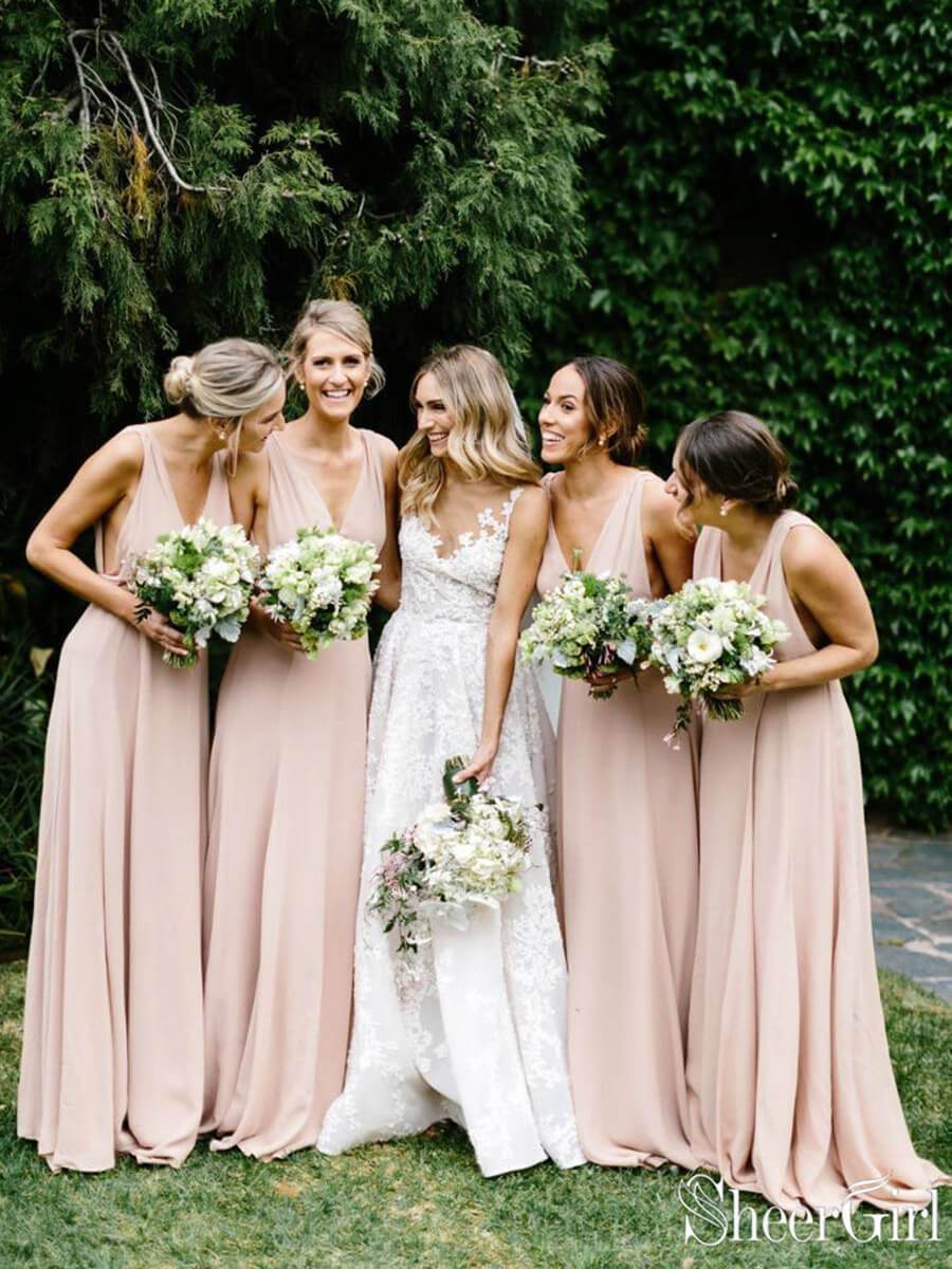 Simple V Neck Light Pink Bridesmaid ...